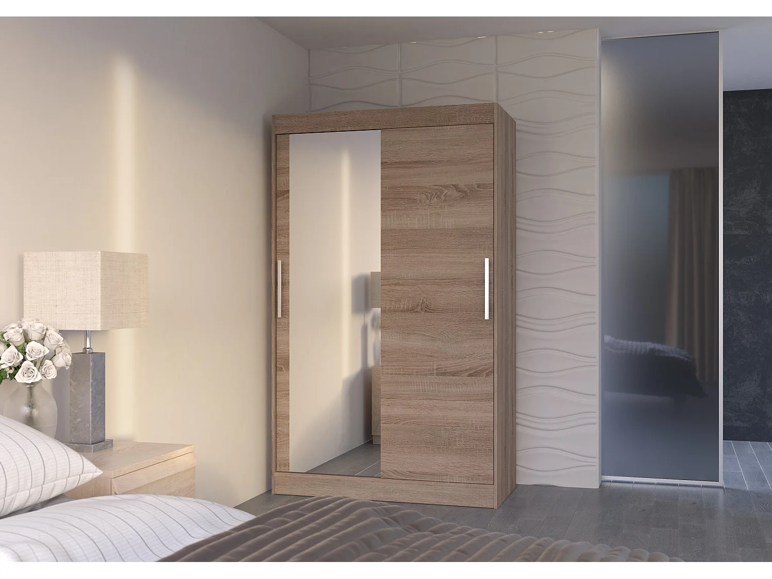 Petite armoire de chambre BAZO 2 portes coulissantes bois et miroir-Marron noisette-Largeur 120 cm