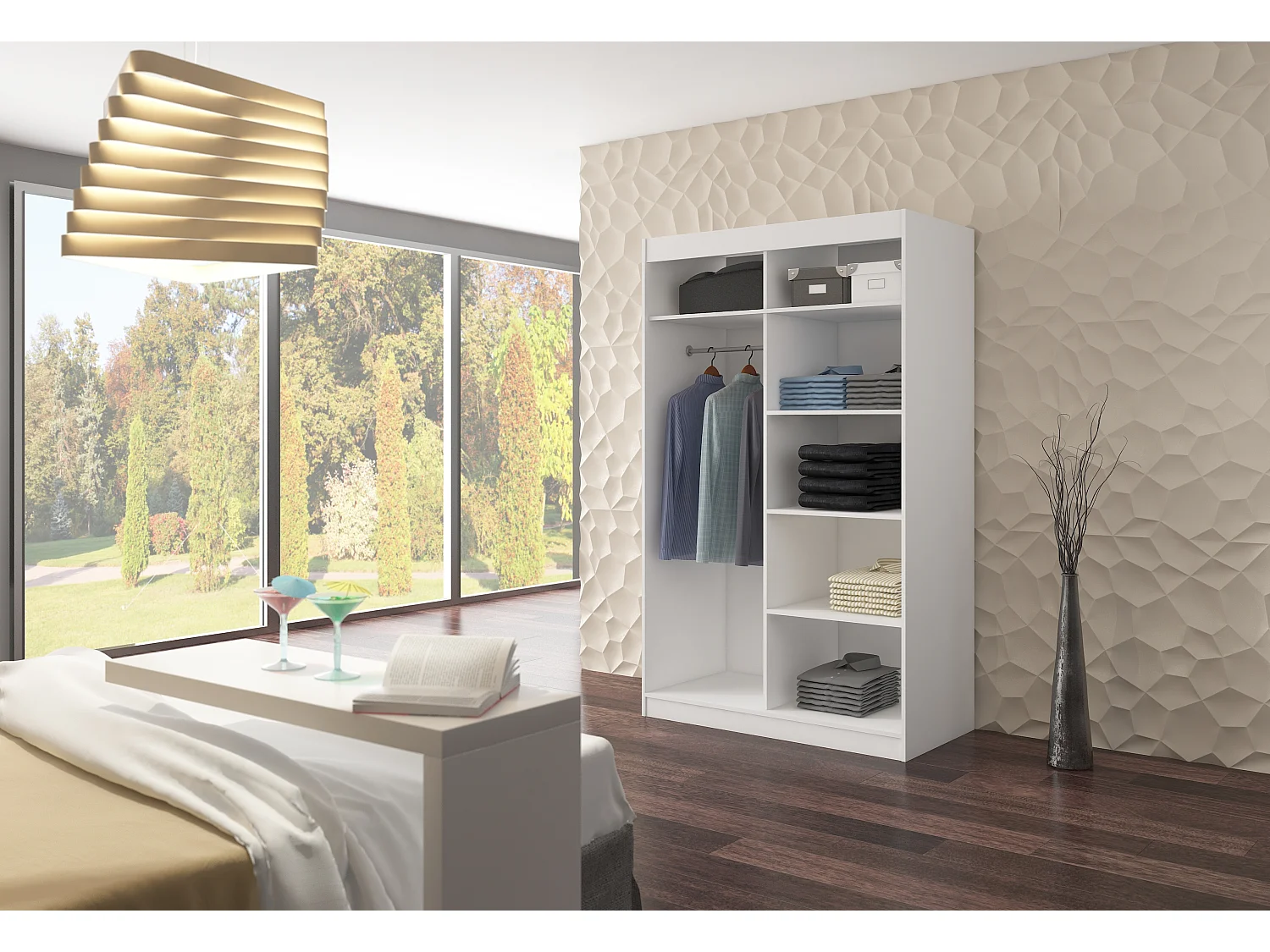 Petite armoire de chambre BAZO 2 portes coulissantes bois et miroir-Marron noisette-Largeur 120 cm