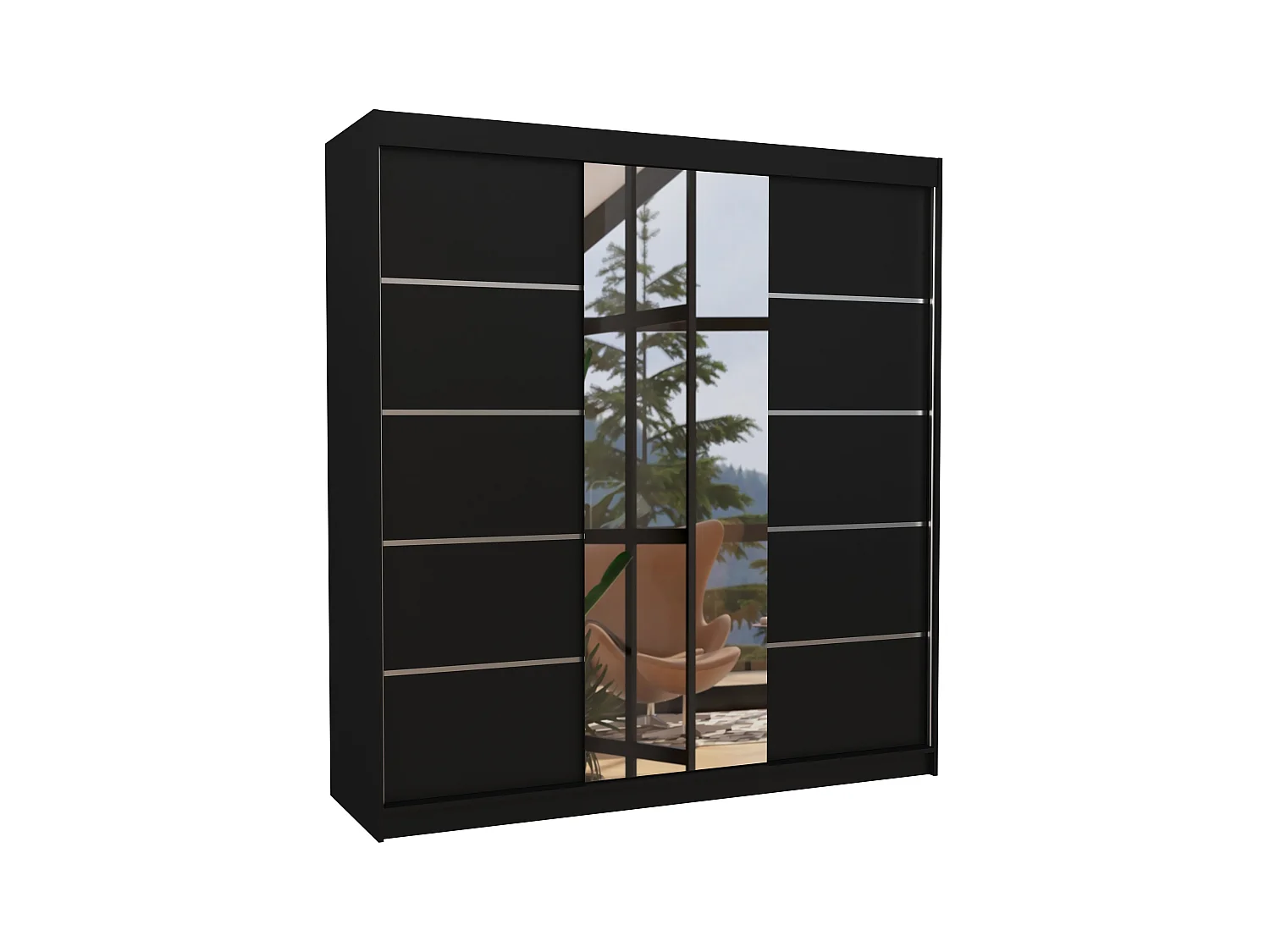 Kledingkast voor volwassen slaapkamer met 2 schuifdeuren, zwart hout en Baker spiegel, 200 cm