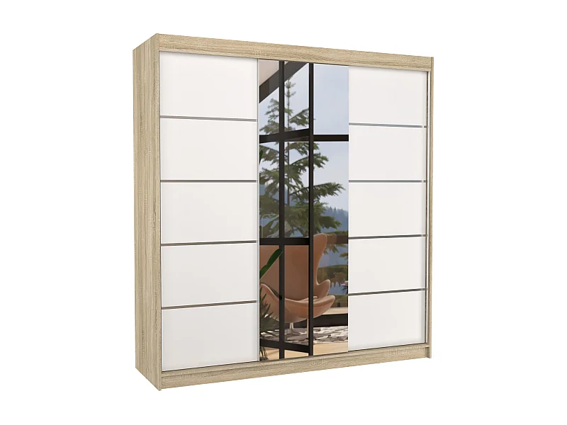 Armoire chambre adulte 2 portes coulissantes bois clair et blanc avec miroir Baker 200cm