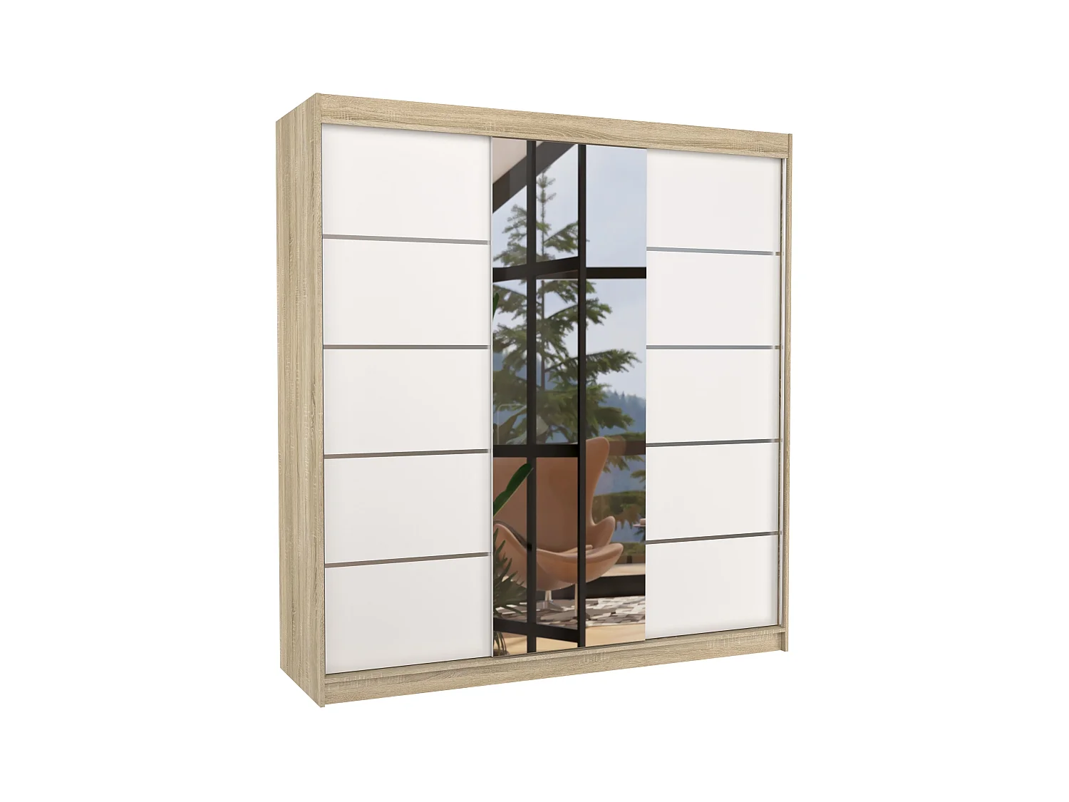 Kledingkast voor volwassenen, 2 schuifdeuren in licht en wit hout met Baker-spiegel, 200 cm