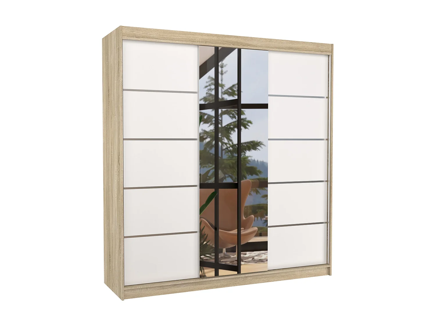 Armoire chambre adulte 2 portes coulissantes bois clair et blanc avec miroir Baker 200cm