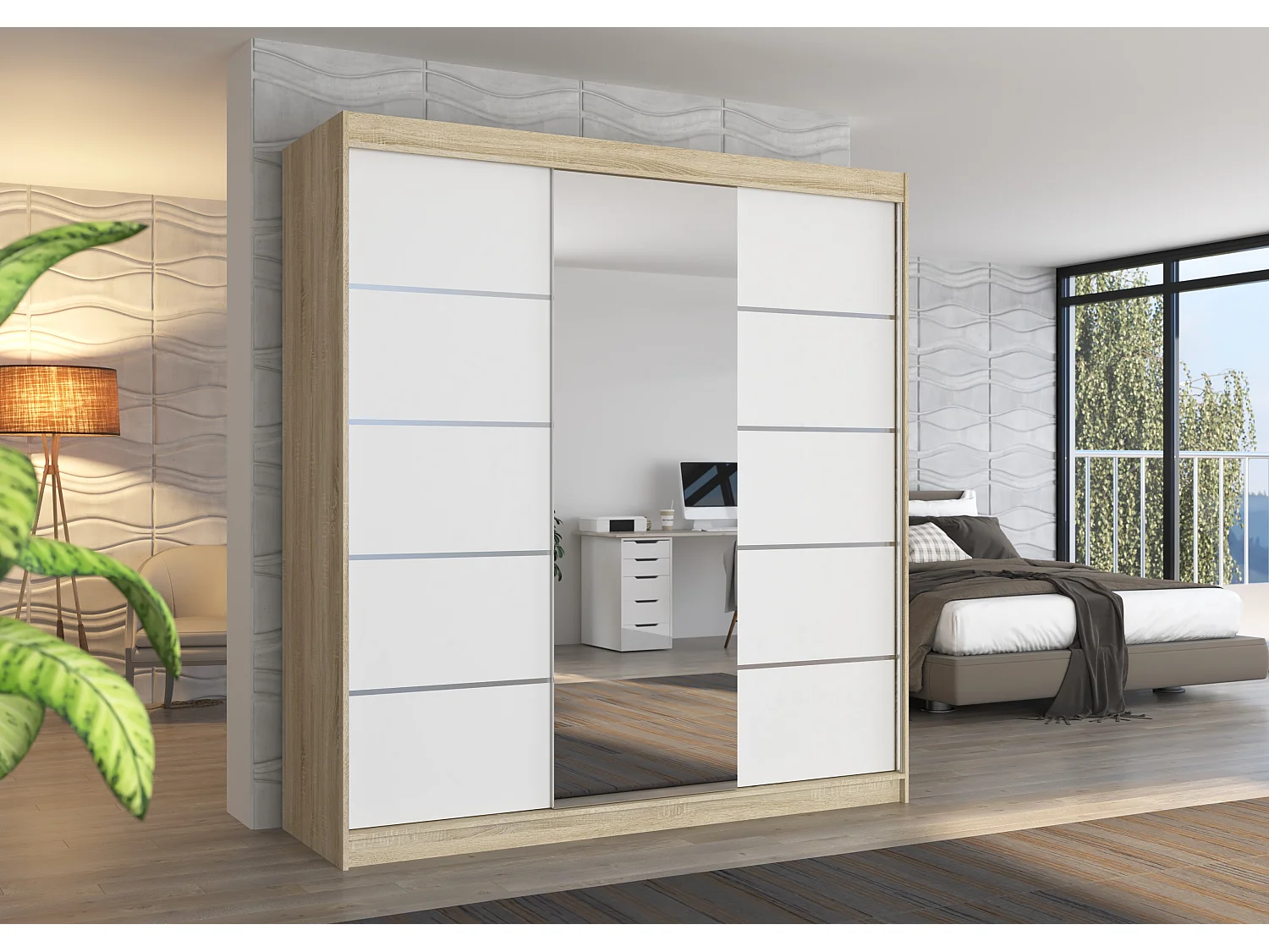 Armoire chambre adulte 2 portes coulissantes bois clair et blanc avec miroir Baker 200cm