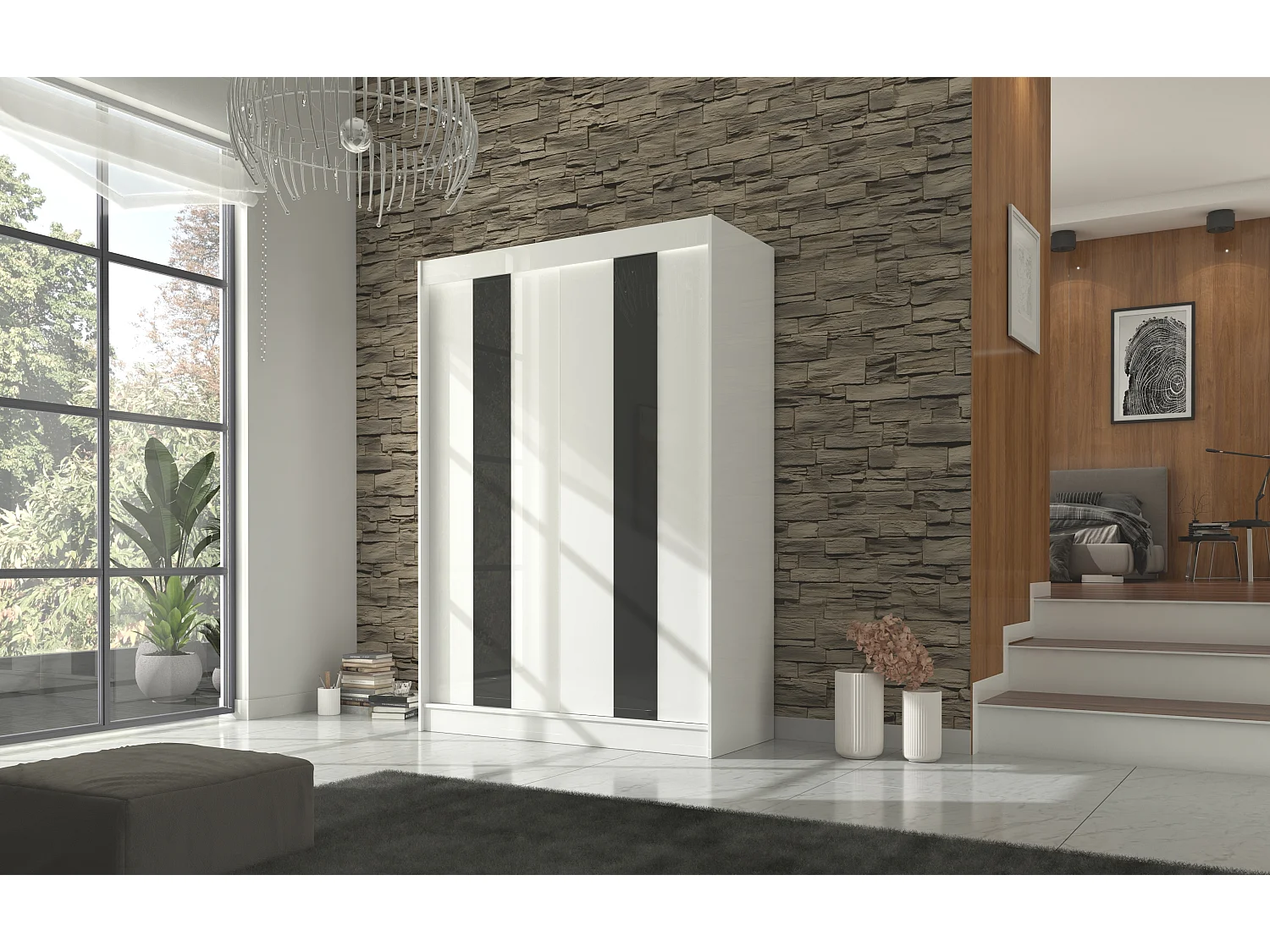 Armoire de chambre à portes coulissantes bois blanc mat et noir laqué Karola - 3 tailles-Largeur 150 cm