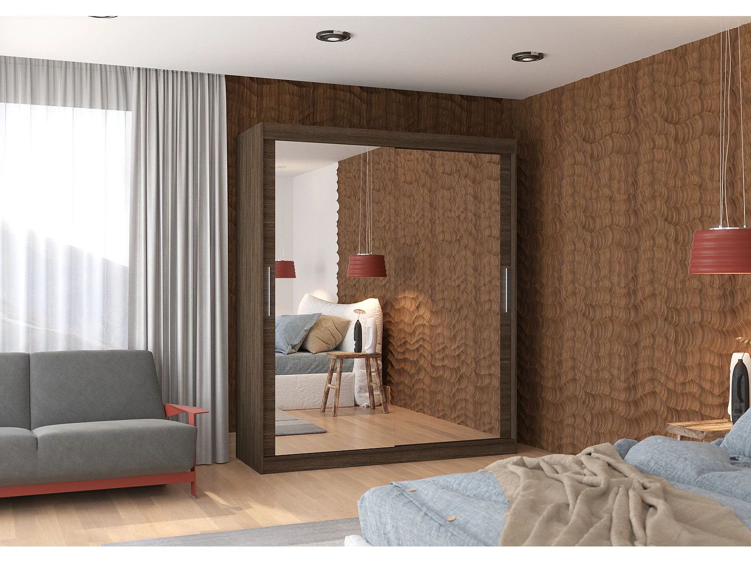 Armoire de chambre marron 2 portes coulissantes avec miroir Toraz 180cm