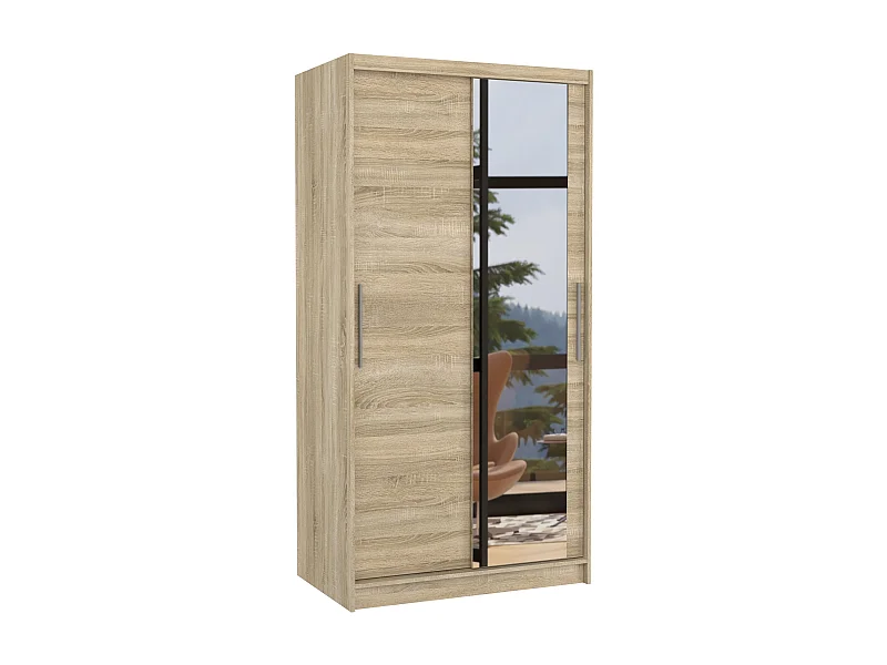 Petite armoire de chambre 2 portes coulissantes naturel avec miroir Bazo 100cm