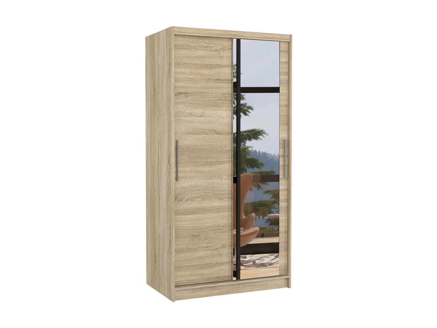 Petite armoire de chambre 2 portes coulissantes naturel avec miroir Bazo 100cm