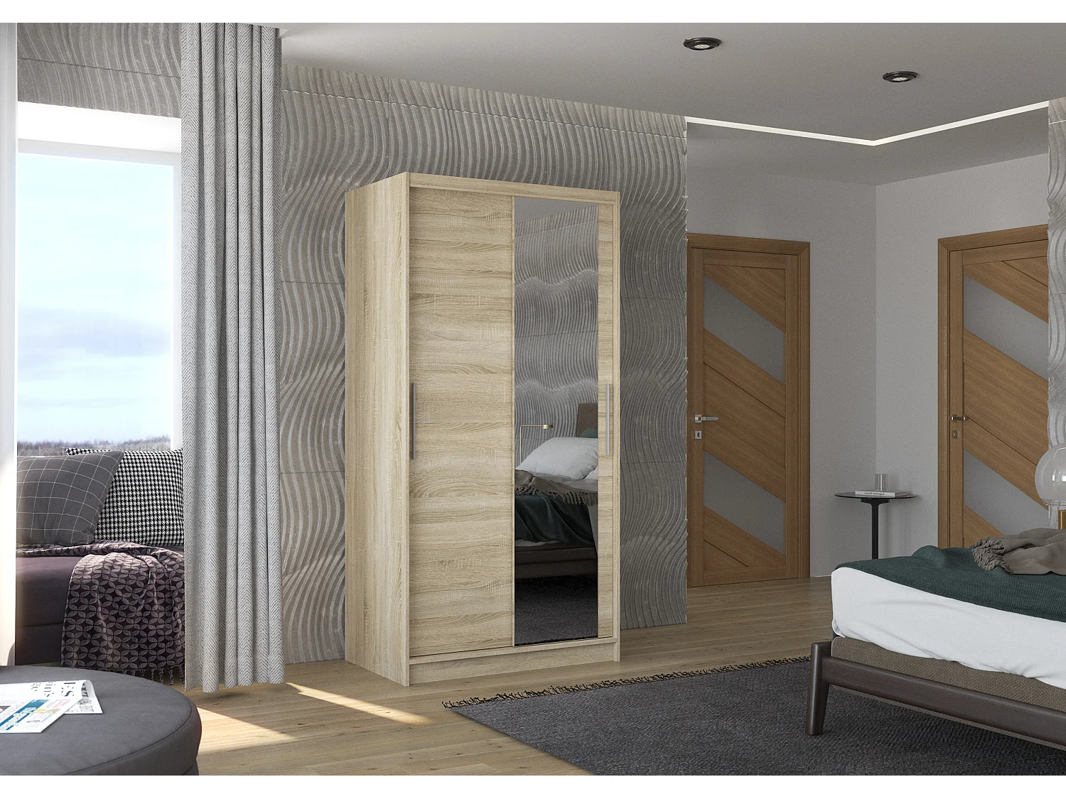 Petite armoire de chambre 2 portes coulissantes naturel avec miroir Bazo 100cm