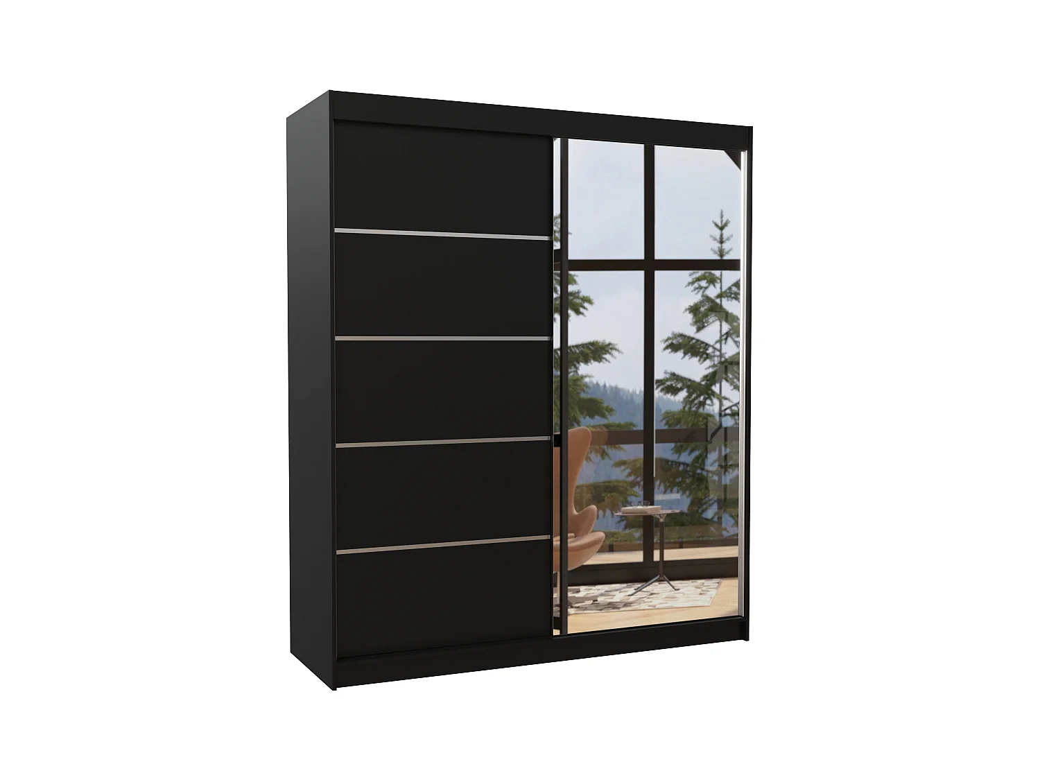 Zwarte design slaapkamerkast 2 schuifdeuren, zwart hout en aluminium met spiegel Karena 180 cm