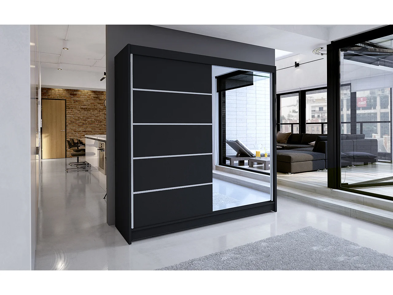 Armoire de chambre design noir 2 portes coulissantes bois noir et alu avec miroir Karena 180cm