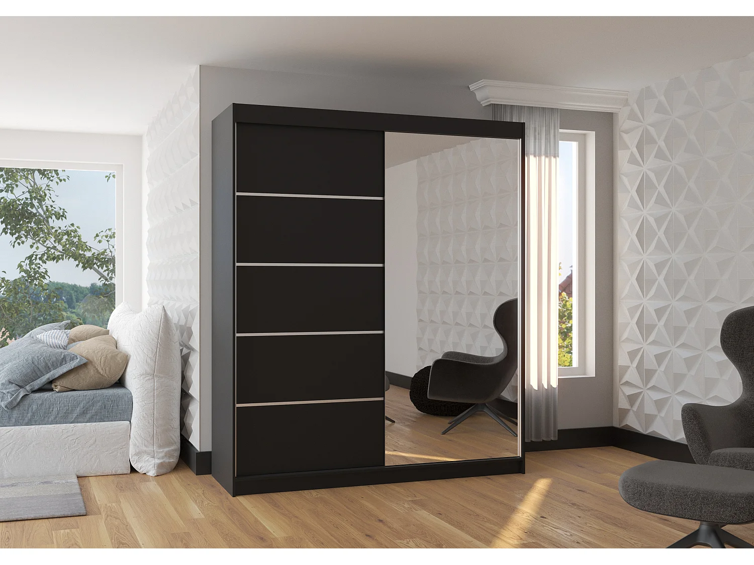 Armoire de chambre design noir 2 portes coulissantes bois noir et alu avec miroir Karena 180cm