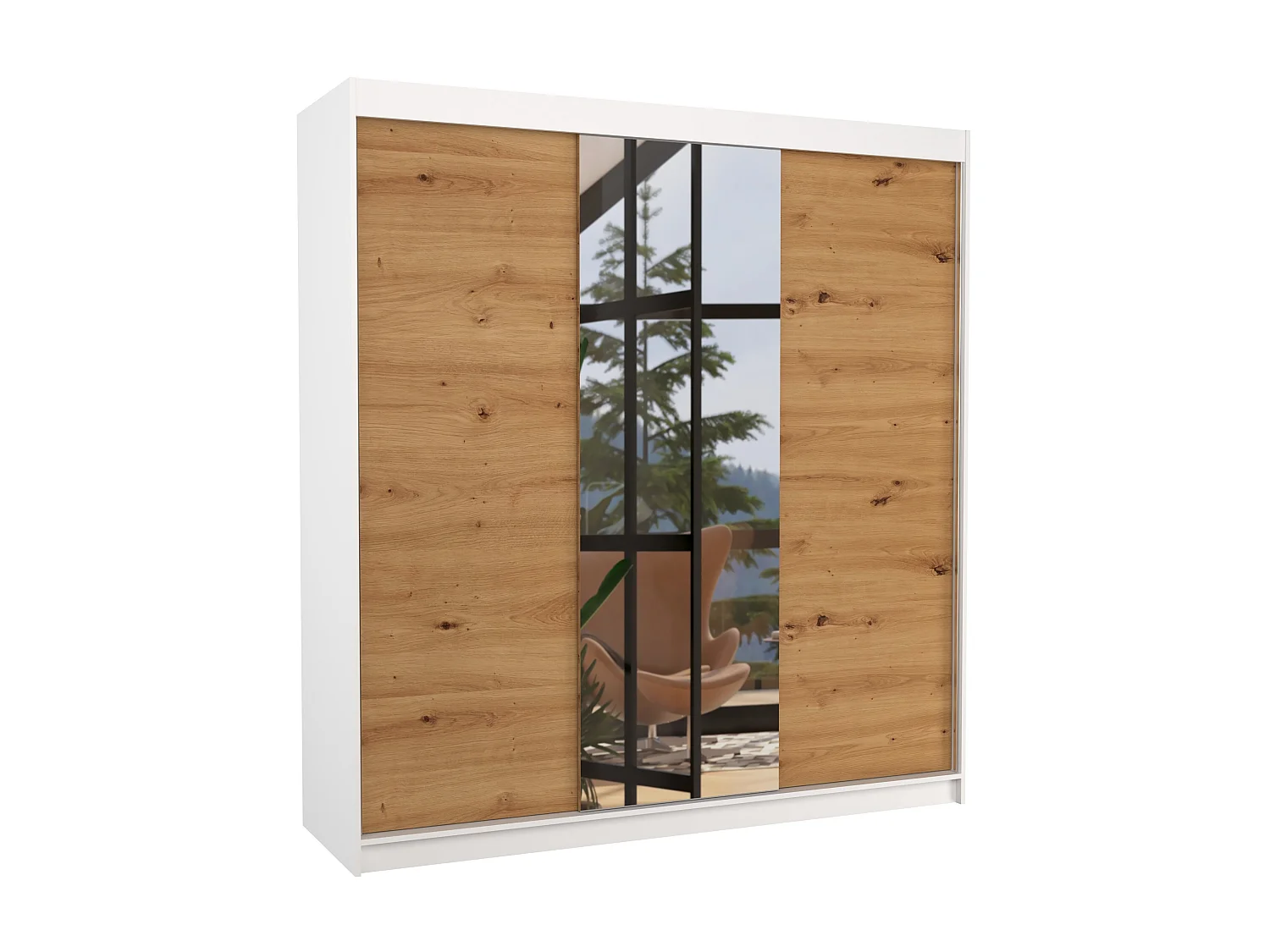 Armoire chambre adulte 2 portes coulissantes bois blanc et artisan avec miroir Zafa 200cm