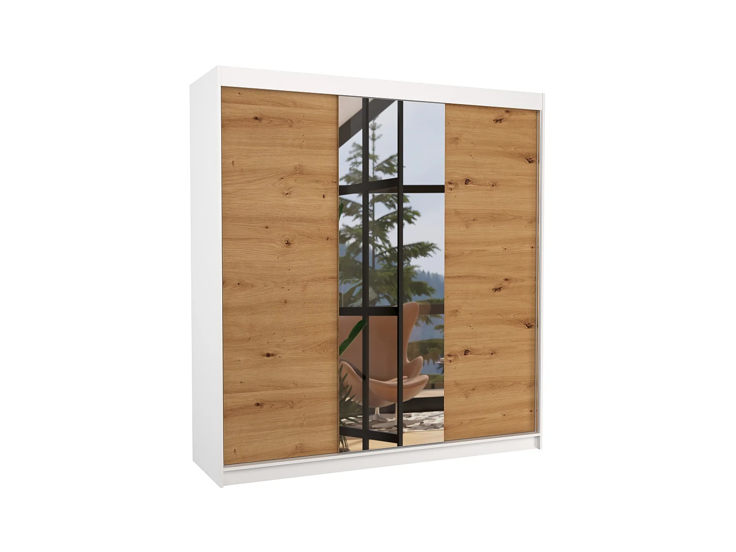 Armoire chambre adulte 2 portes coulissantes bois blanc et artisan avec miroir Zafa 200cm