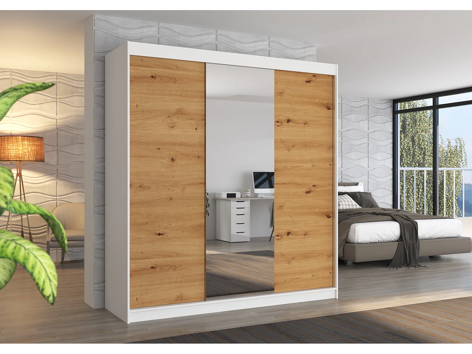 Armoire chambre adulte 2 portes coulissantes bois blanc et artisan avec miroir Zafa 200cm