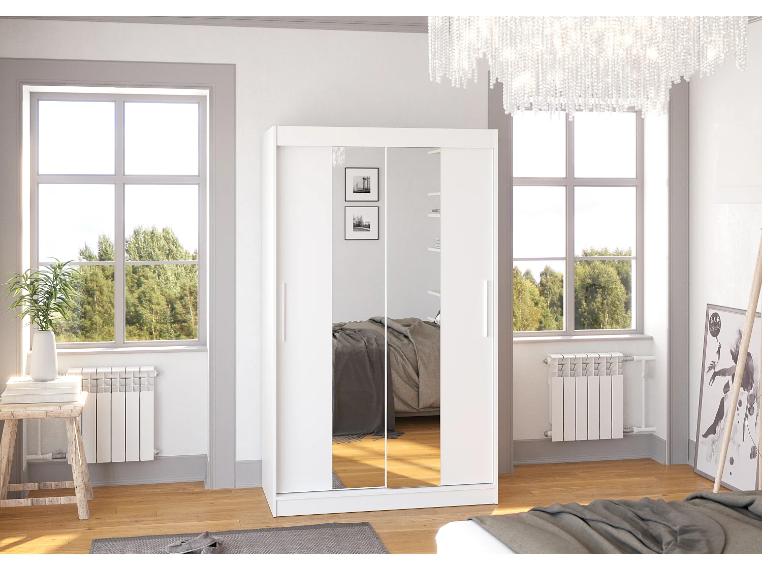 Petite armoire de chambre 2 portes coulissantes blanche et miroir Tinko 120cm