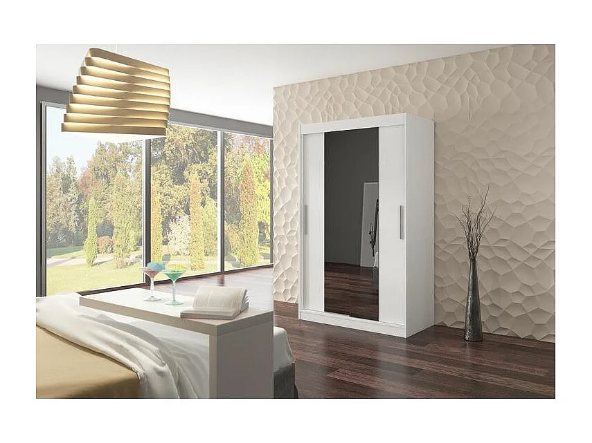 Petite armoire de chambre 2 portes coulissantes blanche et miroir Tinko 120cm