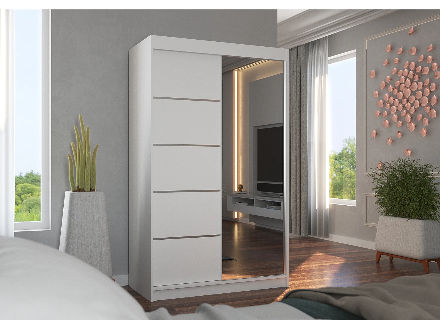 Petite armoire de chambre 2 portes coulissantes bois blanc et miroir Noka 120cm