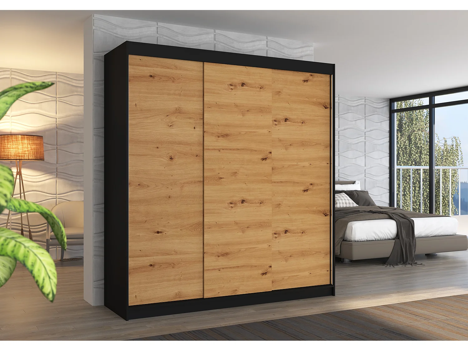 Armoire chambre adulte noir et bois artisan 2 portes coulissantes Kamia 200cm