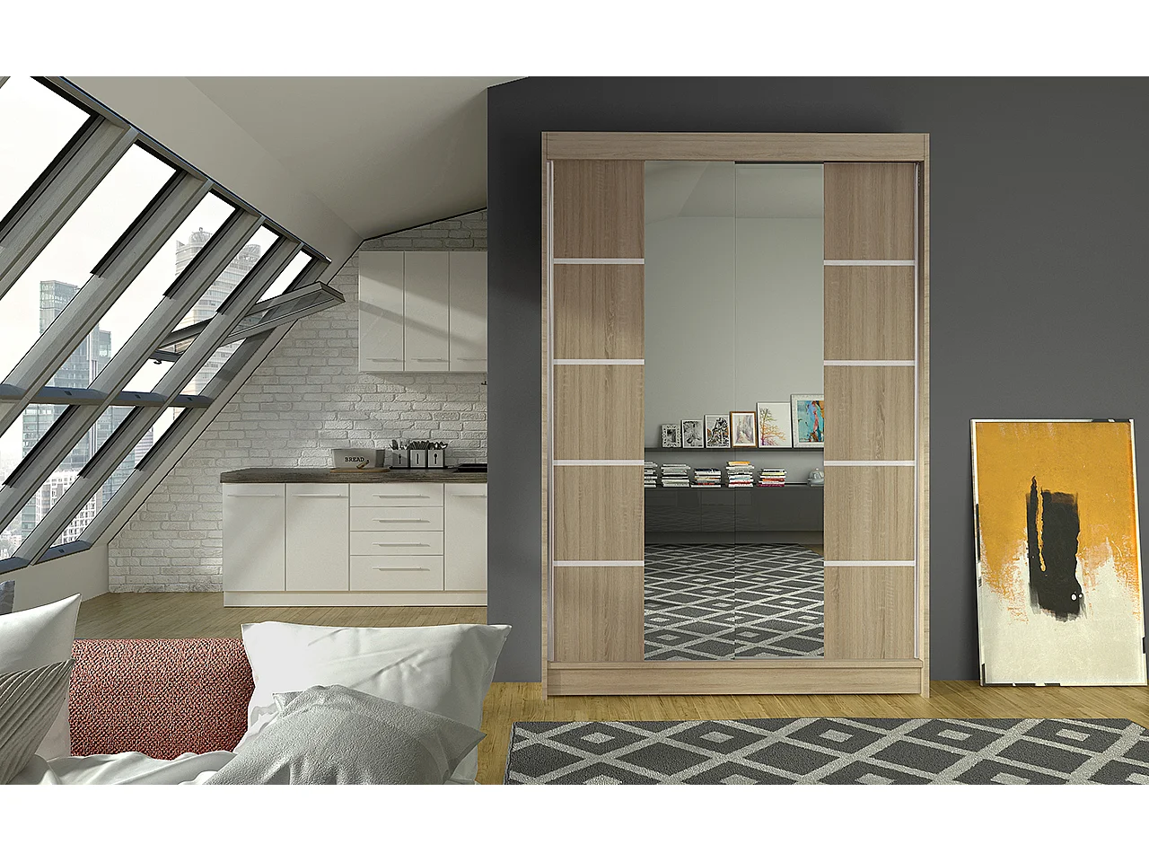 Petite armoire design de chambre à coucher 2 portes coulissantes naturel et miroir Kinzo 120cm