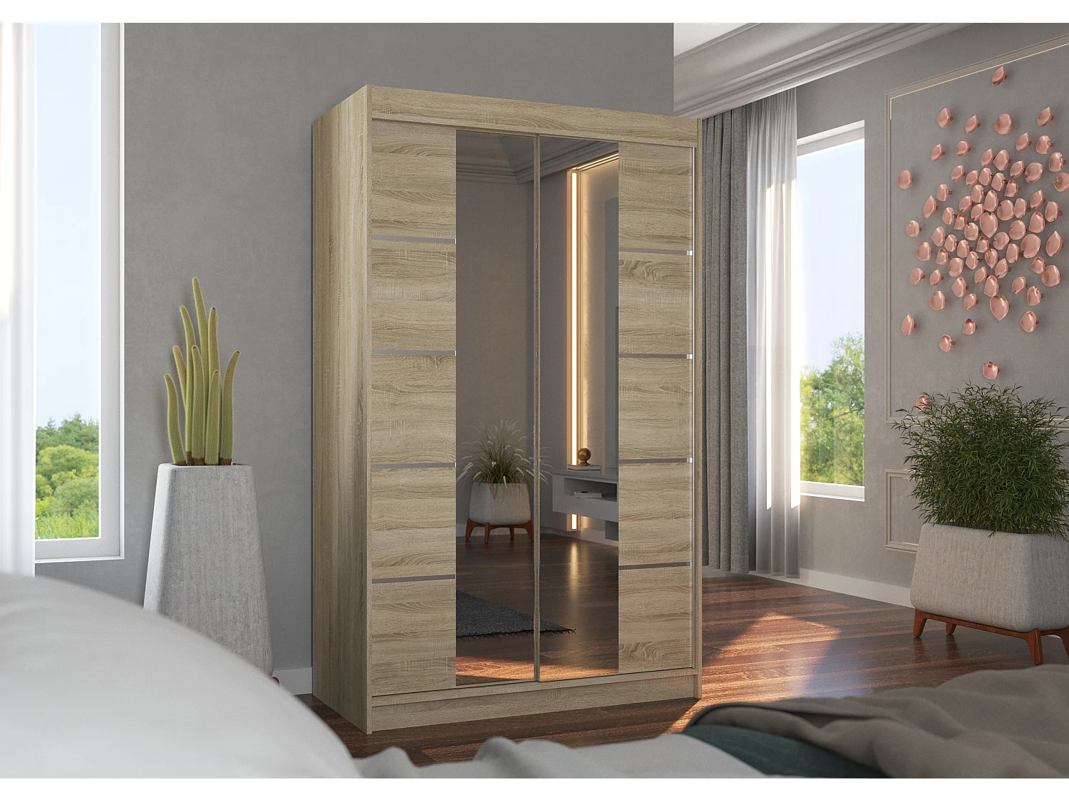 Petite armoire design de chambre à coucher 2 portes coulissantes naturel et miroir Kinzo 120cm