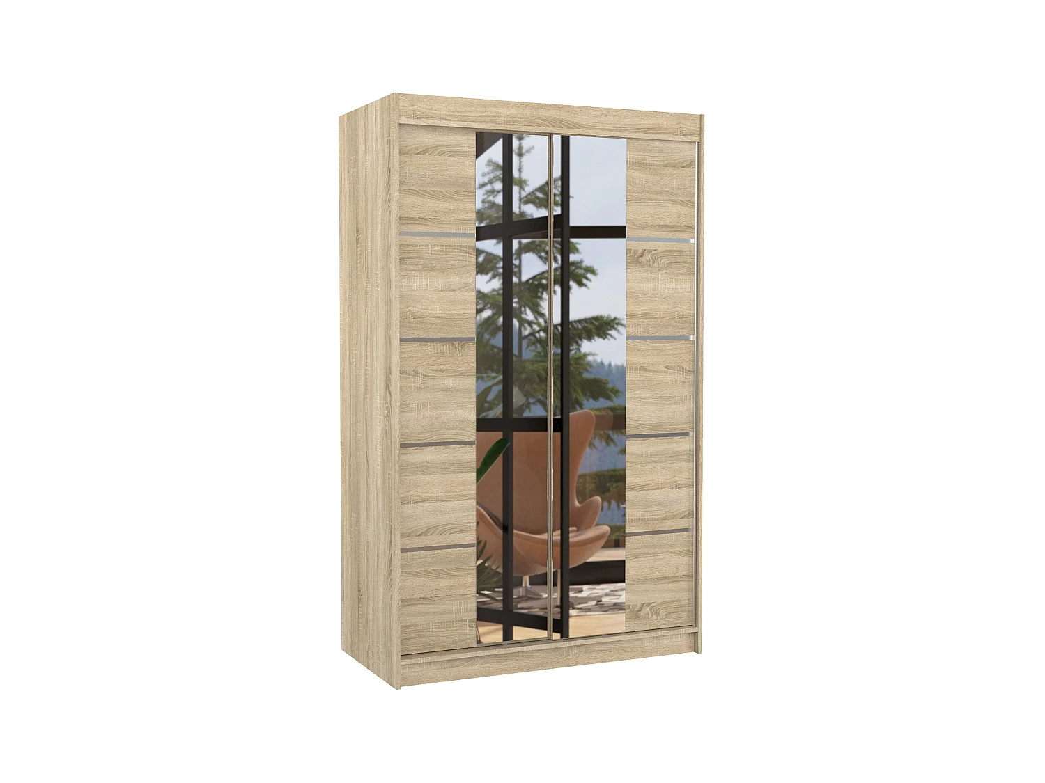 Petite armoire design de chambre à coucher 2 portes coulissantes naturel et miroir Kinzo 120cm