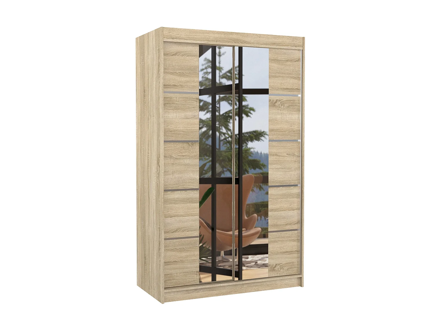 Petite armoire design de chambre à coucher 2 portes coulissantes naturel et miroir Kinzo 120cm