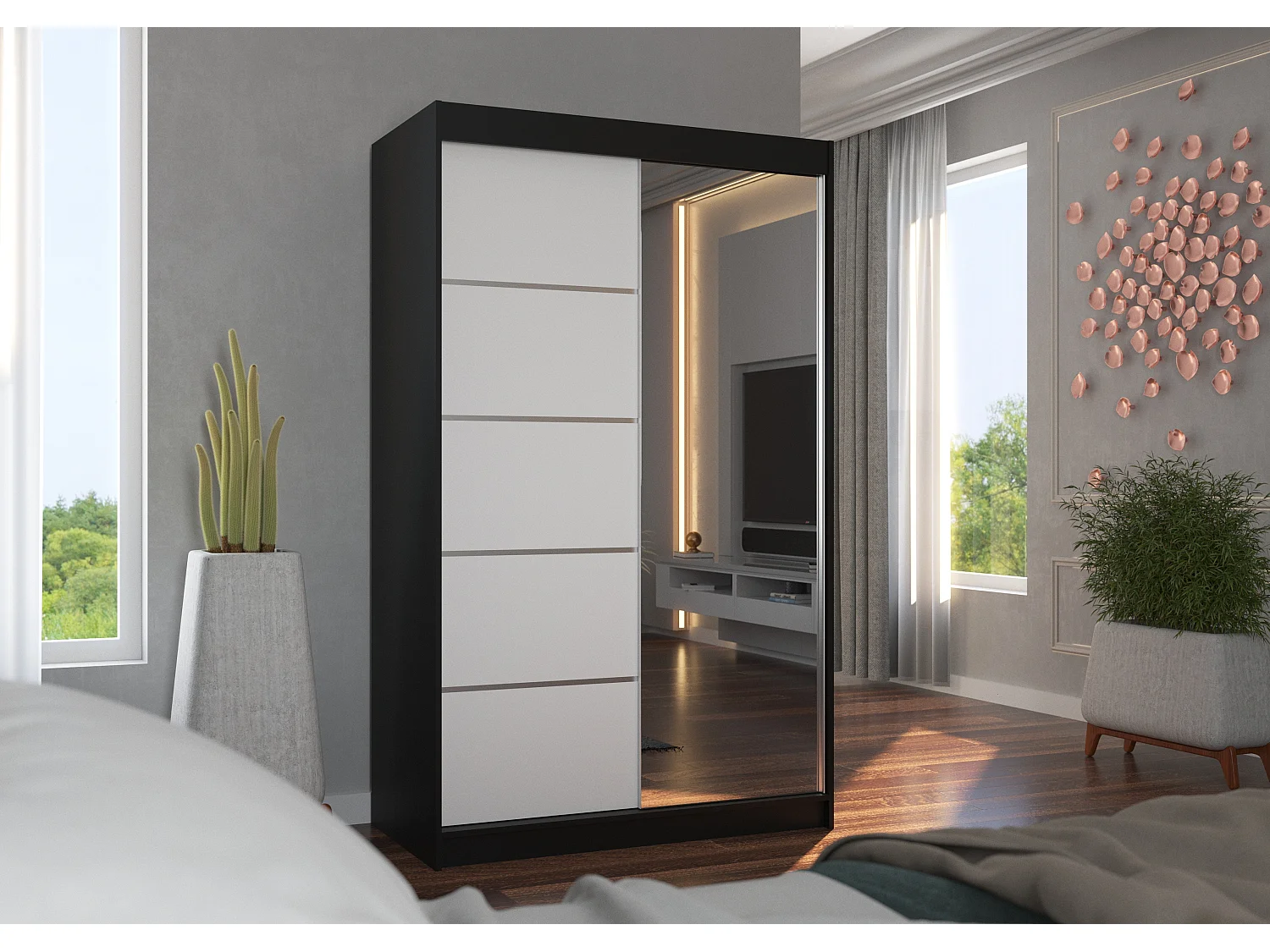 Petite armoire de chambre 2 portes coulissantes bois noir et blanc avec miroir Noka 120cm