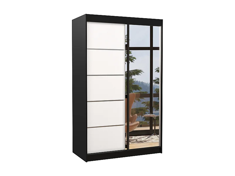 Petite armoire de chambre 2 portes coulissantes bois noir et blanc avec miroir Noka 120cm