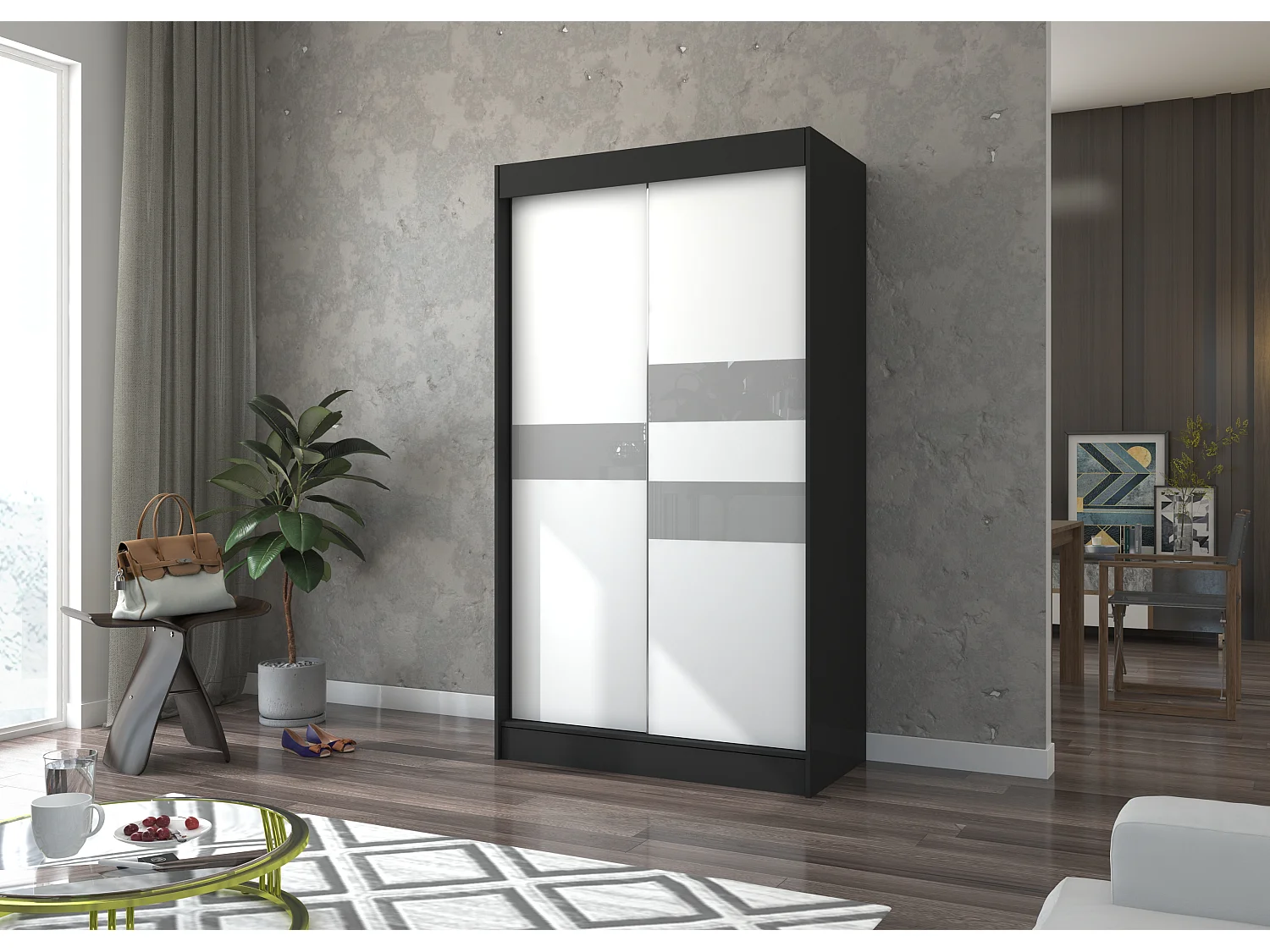 Armoire de chambre noir à portes coulissantes bois blanc mat et gris laqué Korza - 3 tailles-Largeur 120 cm