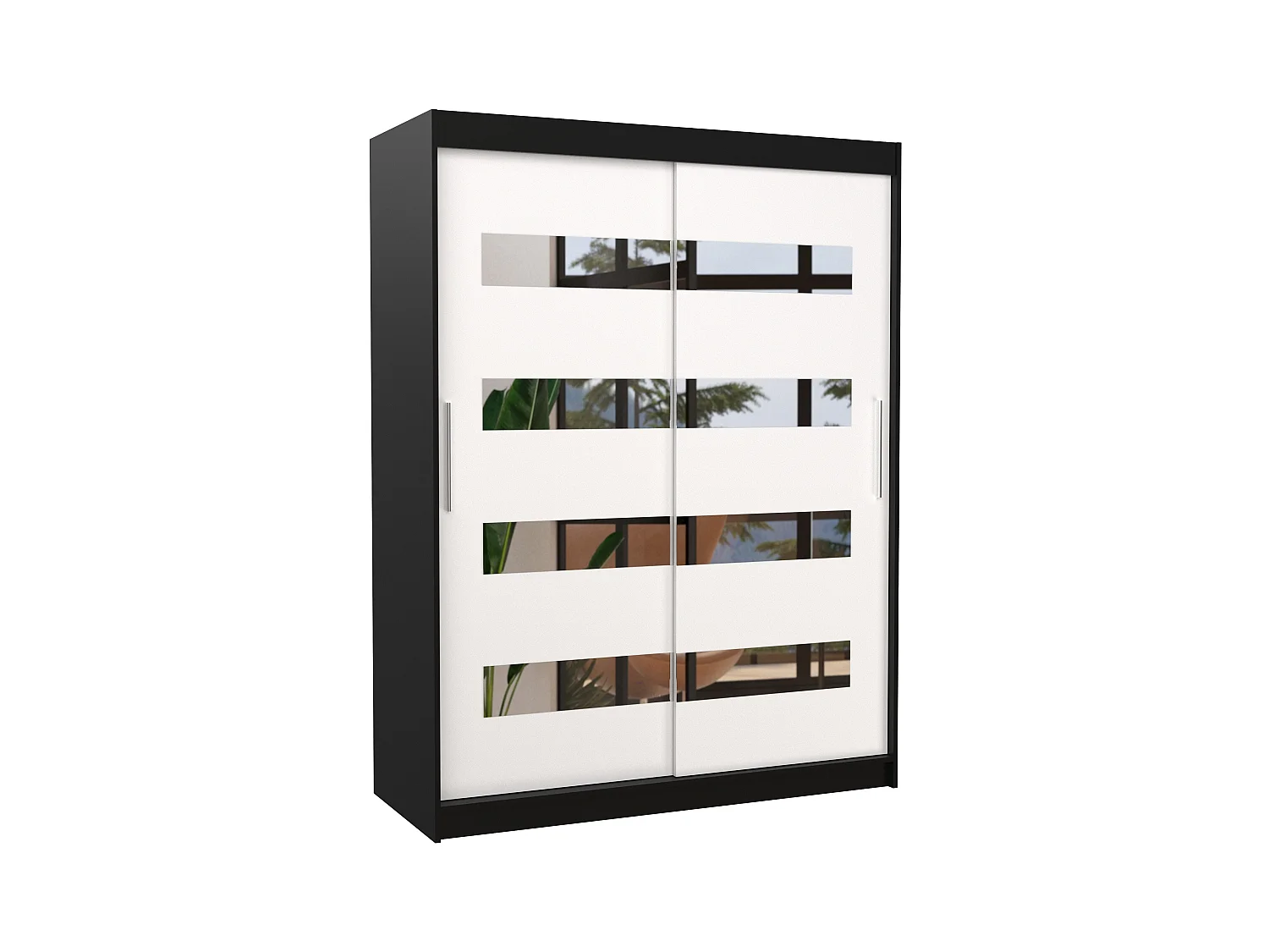 Armoire de chambre noir 2 portes coulissantes blanc et miroirs horizontaux Bozika 150cm