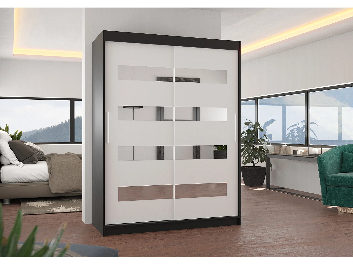Armoire de chambre noir 2 portes coulissantes blanc et miroirs horizontaux Bozika 150cm