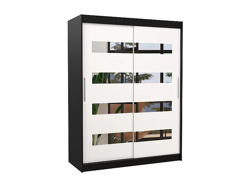 Armoire de chambre noir 2 portes coulissantes blanc et miroirs horizontaux Bozika 150cm