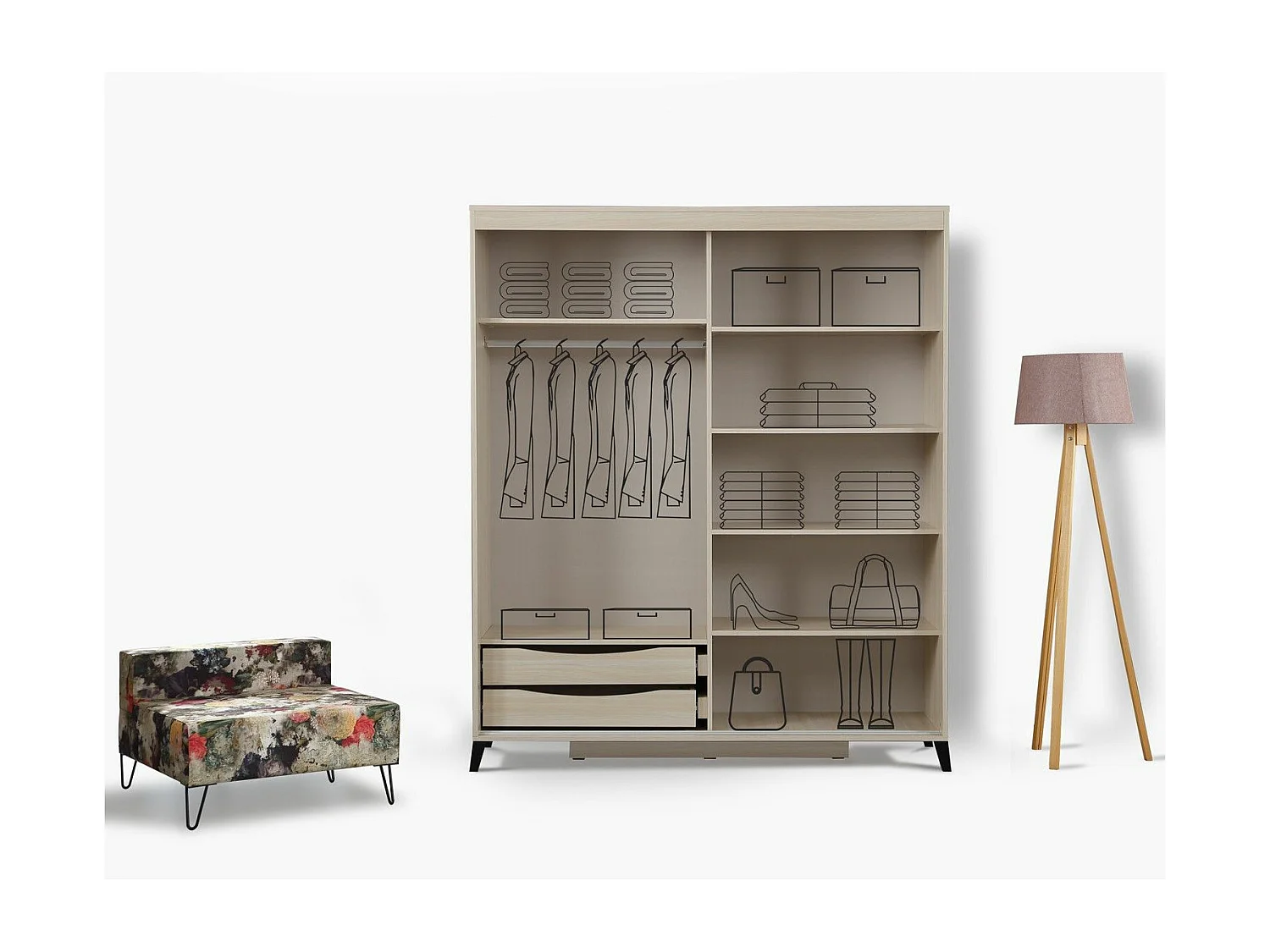 Licht eiken kledingkast voor volwassenen 2 schuifdeuren met spiegel Marka - 8 maten-Breedte 180cm