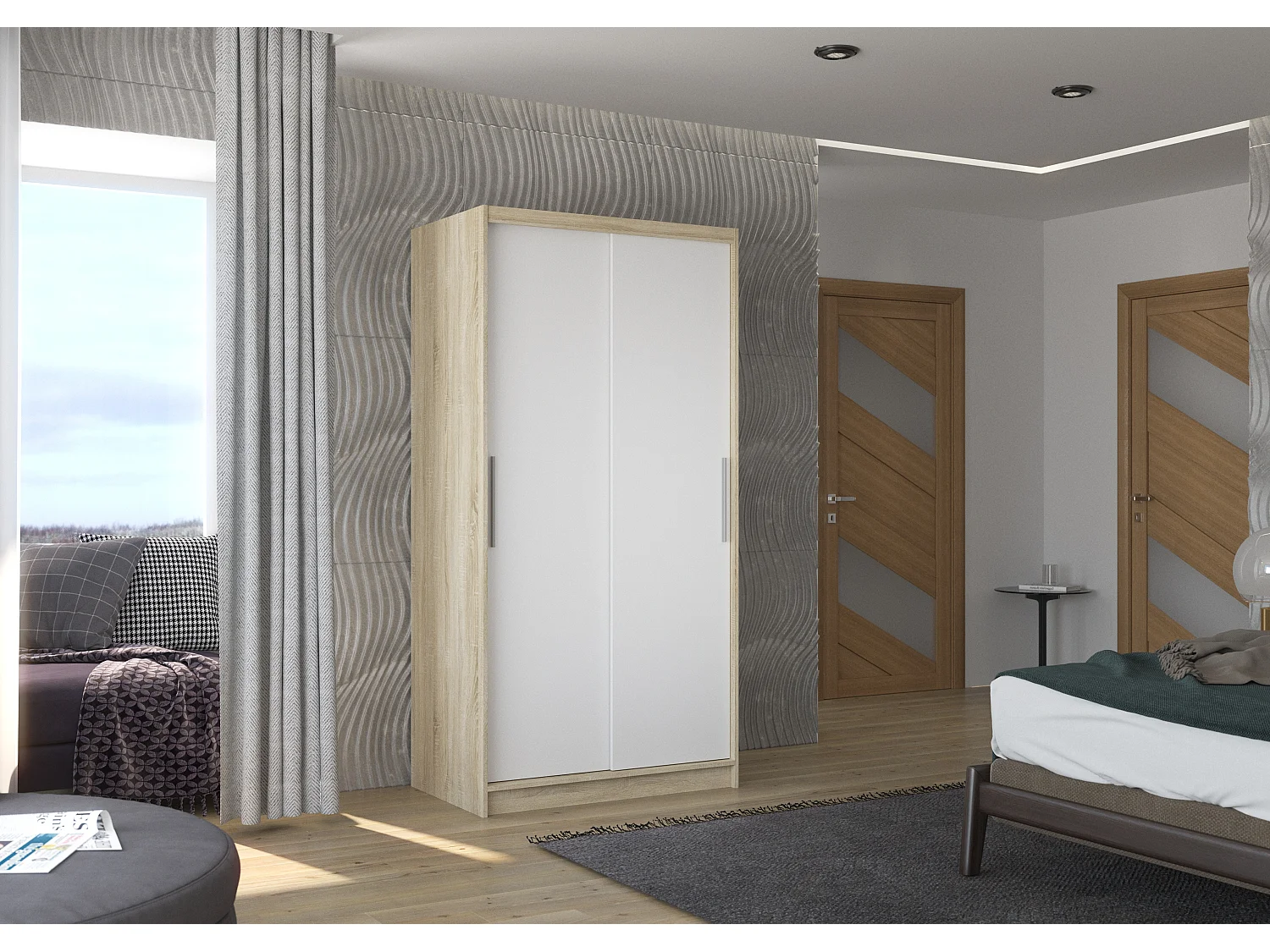 Petite armoire de chambre à coucher bois clair 2 portes coulissantes blanches Kilane 100cm