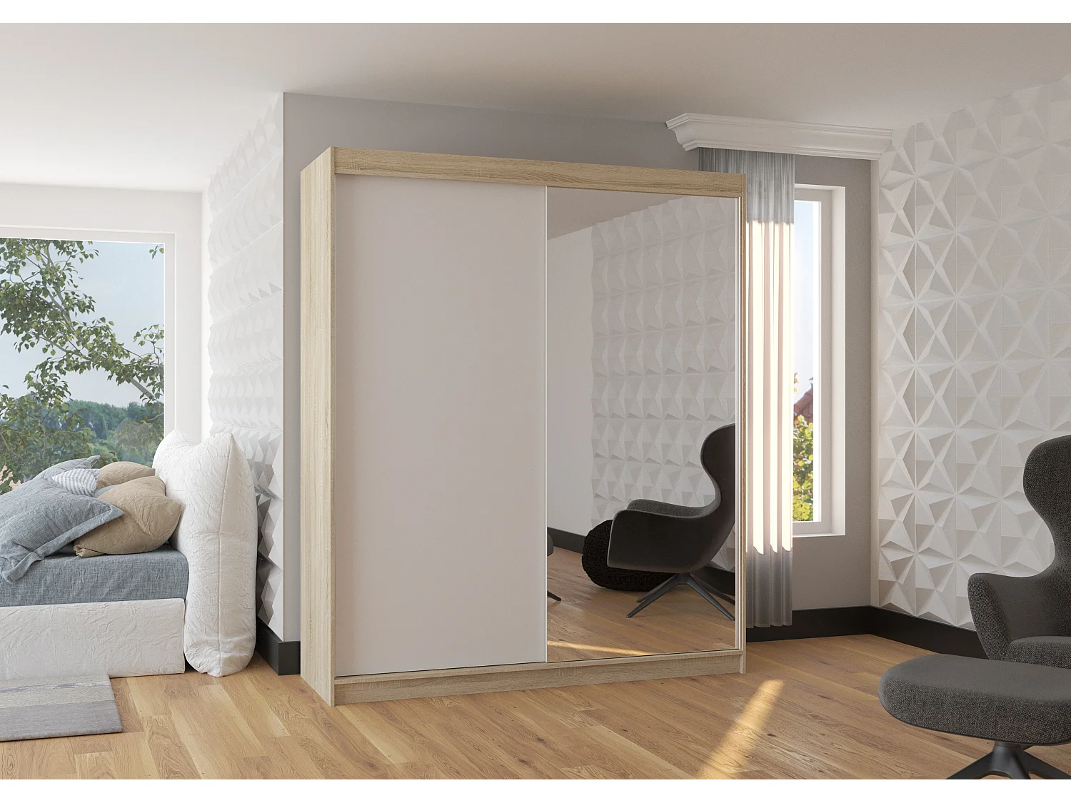 Armoire de chambre à coucher bois clair 2 portes coulissantes 1 blanche et 1 miroir Masso 180cm