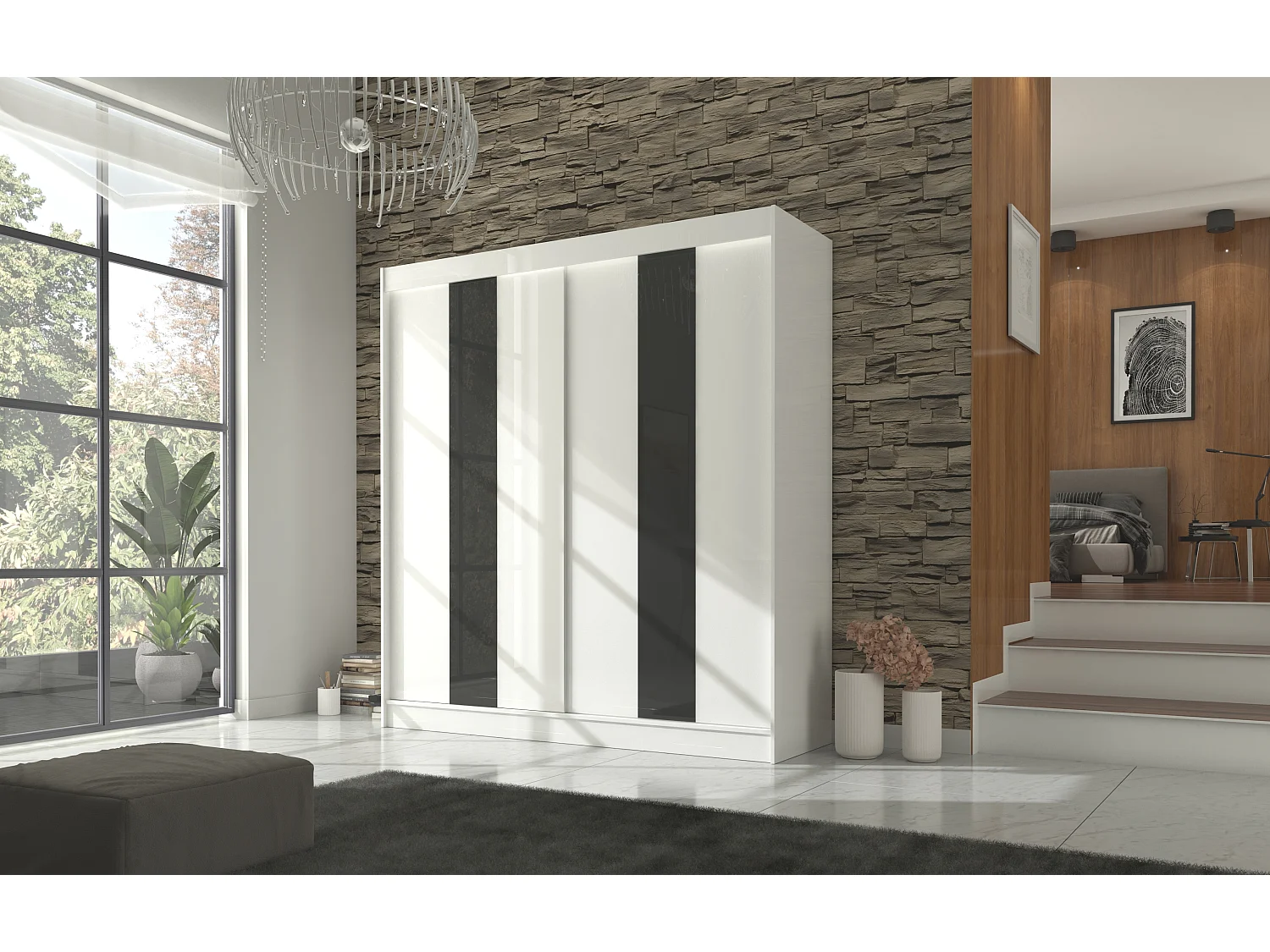 Armoire de chambre à portes coulissantes bois blanc mat et noir laqué Karola - 3 tailles-Largeur 200 cm