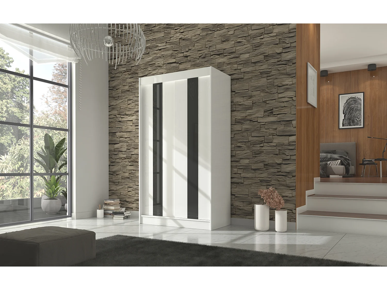 Armoire de chambre à portes coulissantes bois blanc mat et noir laqué Karola - 3 tailles-Largeur 200 cm