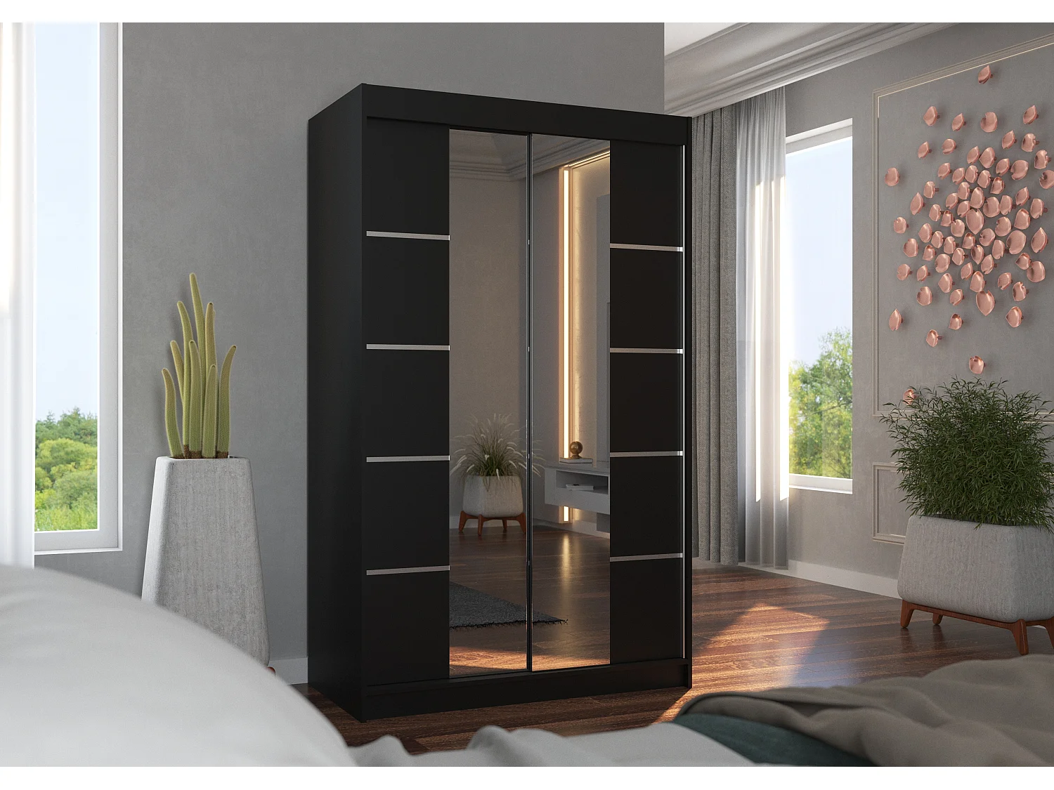 Kleine design slaapkamerkast 2 zwarte schuifdeuren en Kinzo spiegel 120 cm