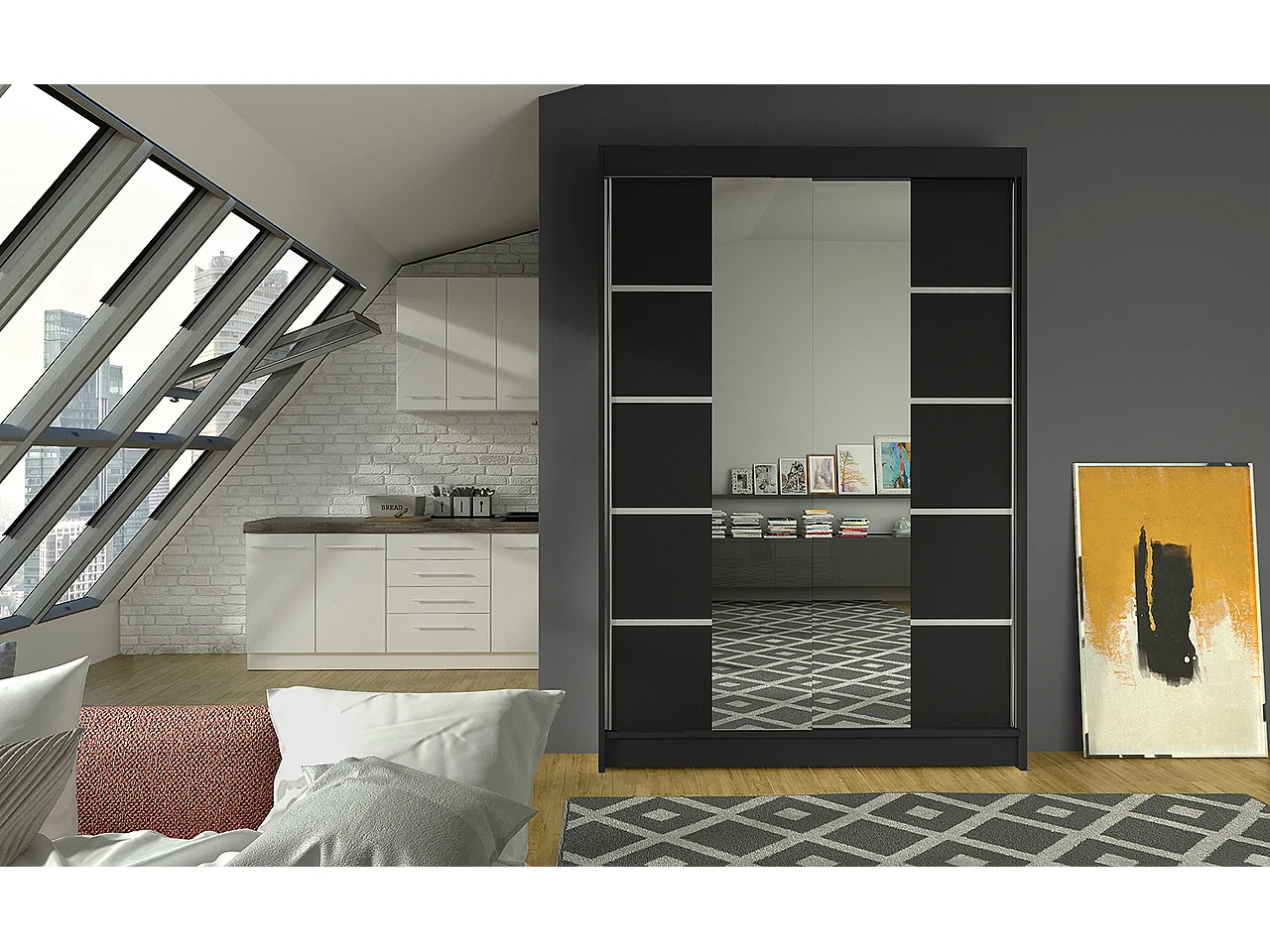 Kleine design slaapkamerkast 2 zwarte schuifdeuren en Kinzo spiegel 120 cm