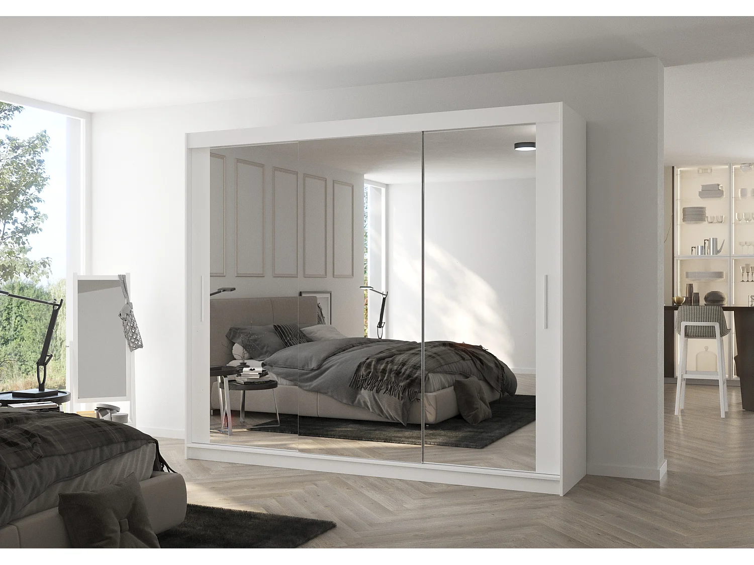 Grande armoire de chambre moderne 3 portes coulissantes blanches et miroir Douko 250cm