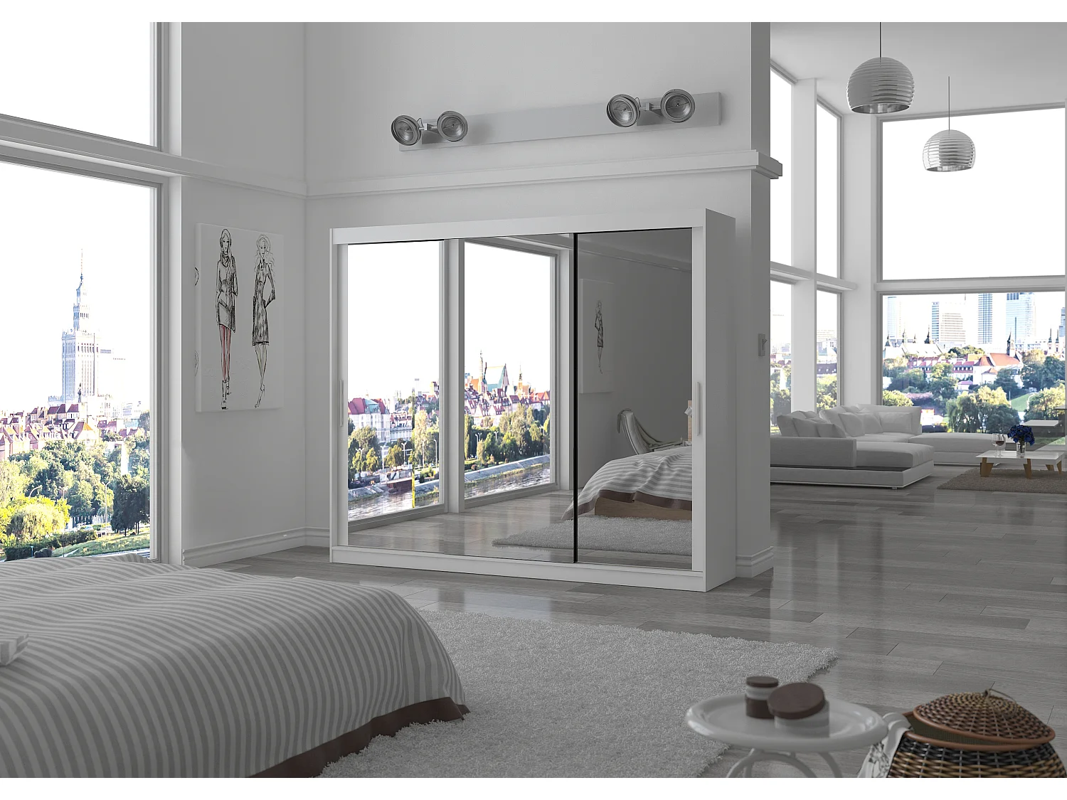 Grande armoire de chambre moderne 3 portes coulissantes blanches et miroir Douko 250cm