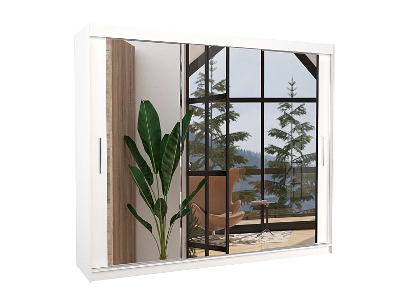 Grande armoire de chambre moderne 3 portes coulissantes blanches et miroir Douko 250cm