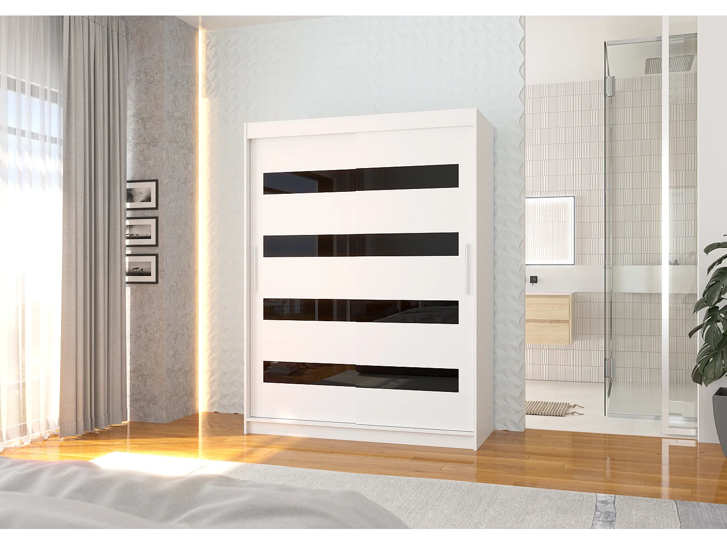 Armoire de chambre à coucher blanche 2 portes coulissantes blanc mat et noir laqué Zanko 150cm