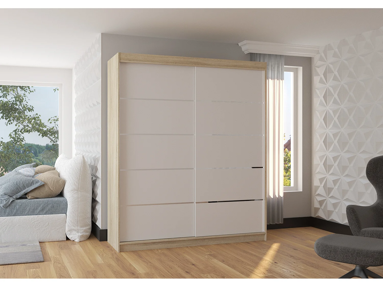 Armoire de chambre à coucher bois clair 2 portes coulissantes blanches et alu Pimka 180cm