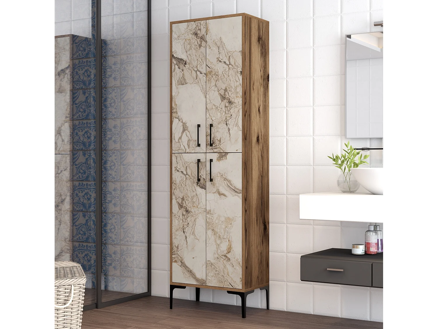 Estante de baño Kailua 480, Mármol marrón|Nuez, Colocada, Número de puertas: 4.00, 200cm