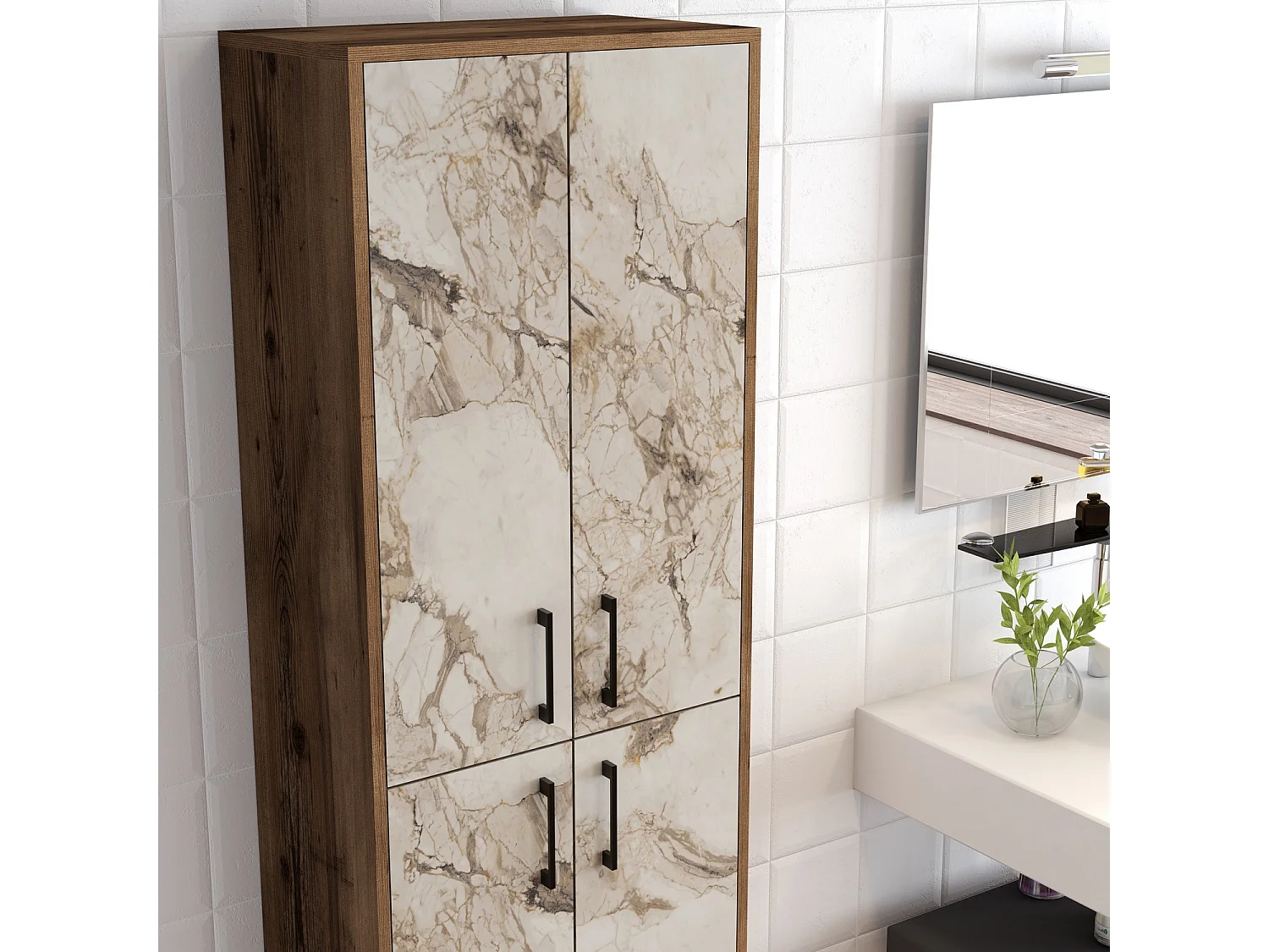 Estante de baño Kailua 480, Mármol marrón|Nuez, Colocada, Número de puertas: 4.00, 200cm