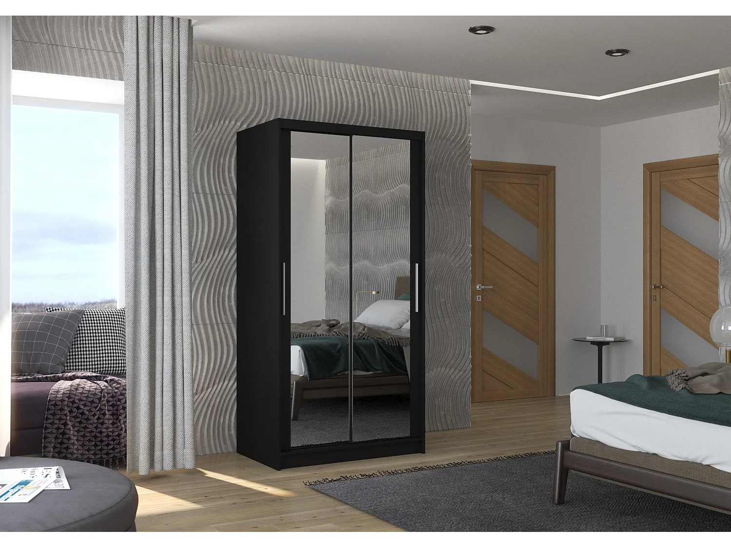 Petite armoire de chambre noir 2 portes coulissantes avec miroir Niko 100cm