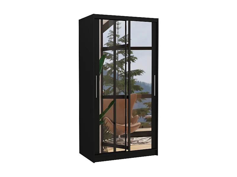 Petite armoire de chambre noir 2 portes coulissantes avec miroir Niko 100cm