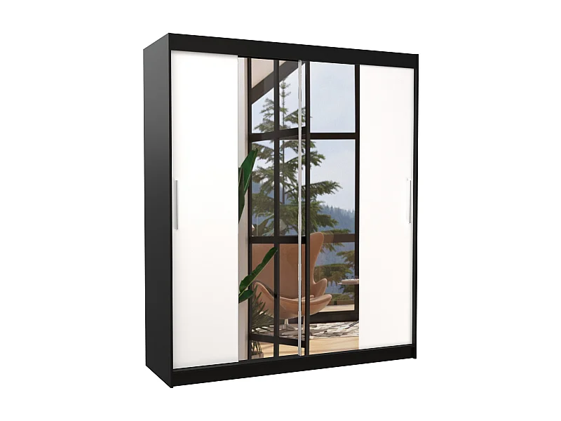 Armoire de chambre à coucher noir 2 portes coulissantes blanc et miroir Dally 180cm