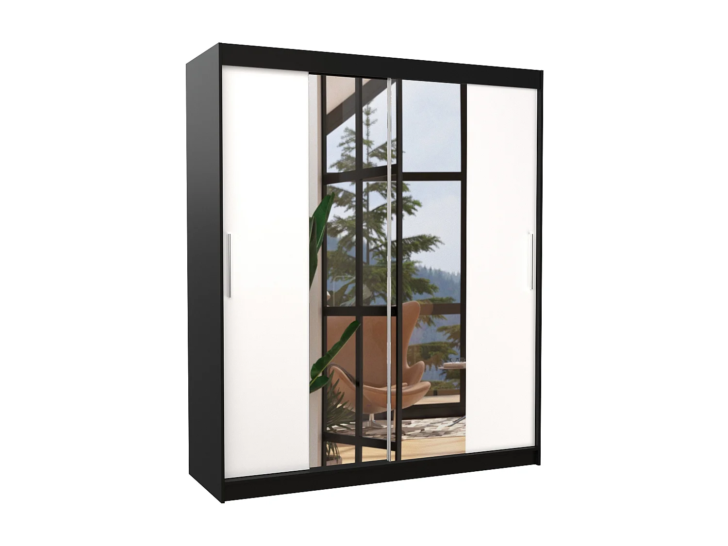 Armoire de chambre à coucher noir 2 portes coulissantes blanc et miroir Dally 180cm